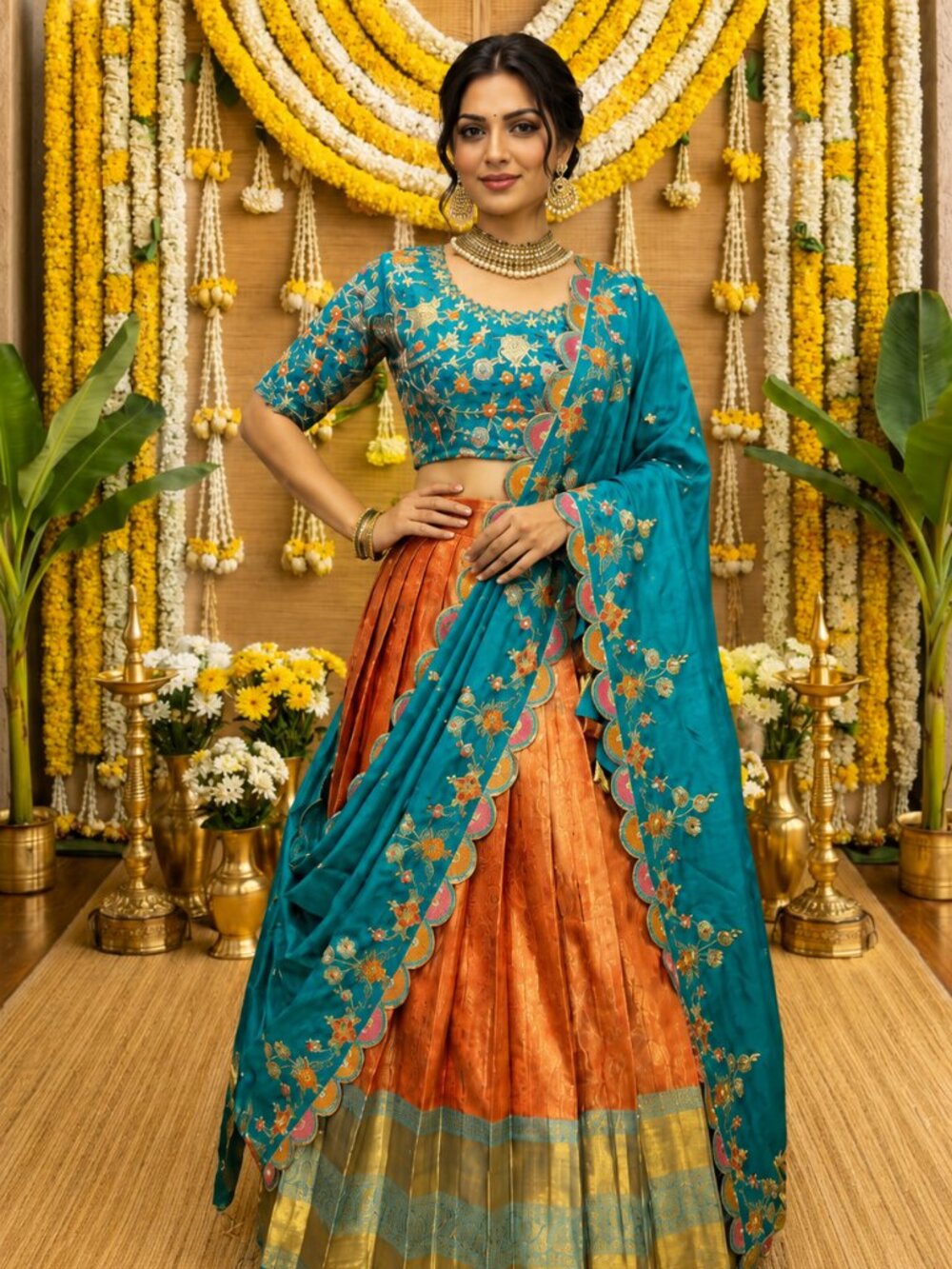 Pure Kanjivaram Silk Lehenga Set with Maggam Work Jewelry